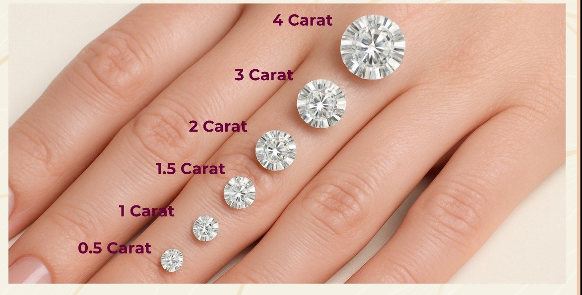 Lab grown diamond sizes on a hand, from 0.5 carat to 4 carat